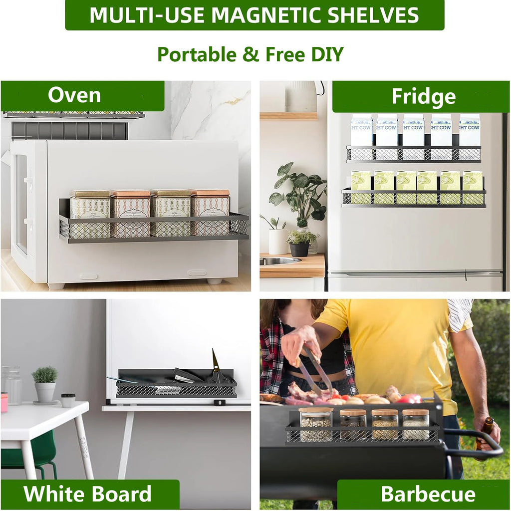 Showlu Smart General magnetic fridge organizer shelf holding bottles and containers on a kitchen fridge door.
