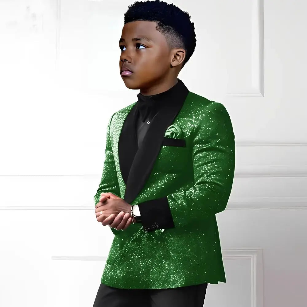 Sequin boys' 2-piece suit set with double-breasted blazer and pants, stylish tuxedo outfit for kids ages 2 to 16.