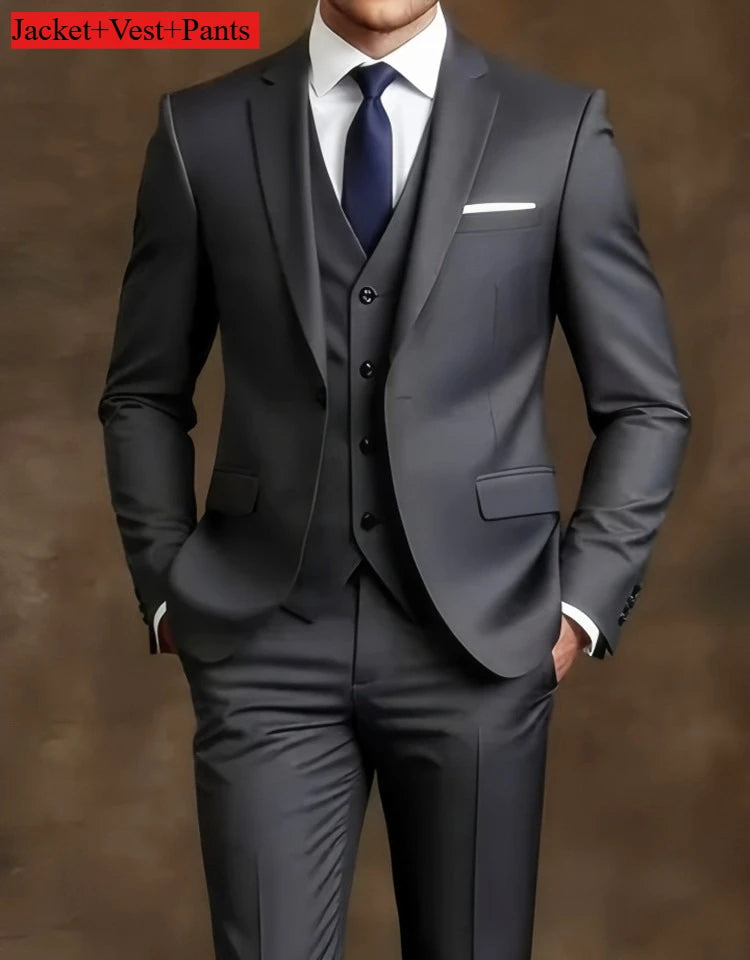 Elegant men's slim fit black tuxedo suit set for weddings and formal events, shown with matching jacket and trousers.