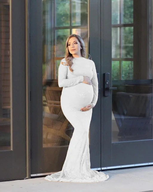 Showlu Lace Maternity Photography Dress with boat neck and long train, elegant maternity gown for special photoshoots