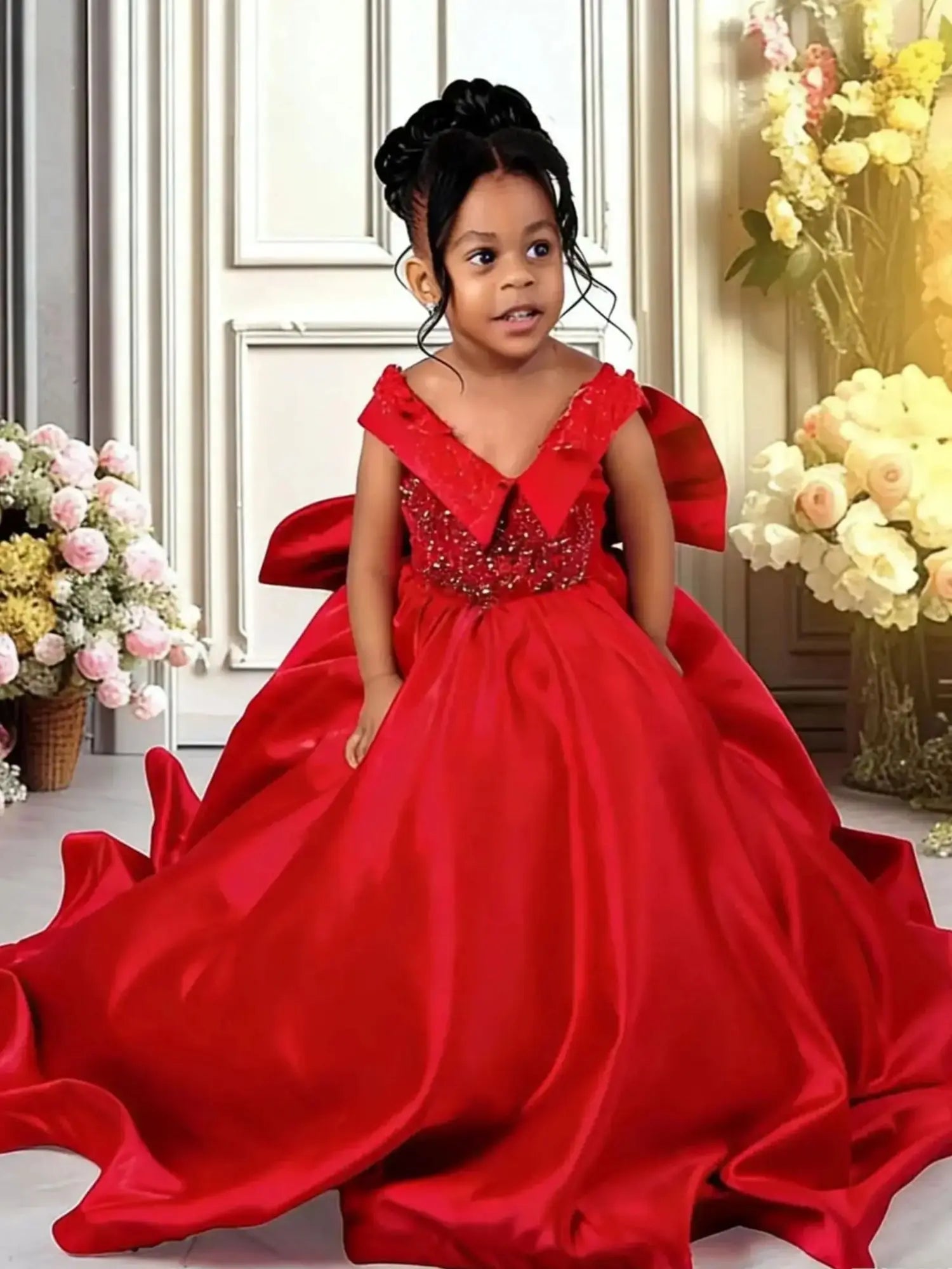 Red satin communion ball gown with bow, elegant design, featuring a full skirt and fitted bodice for formal religious occasions.