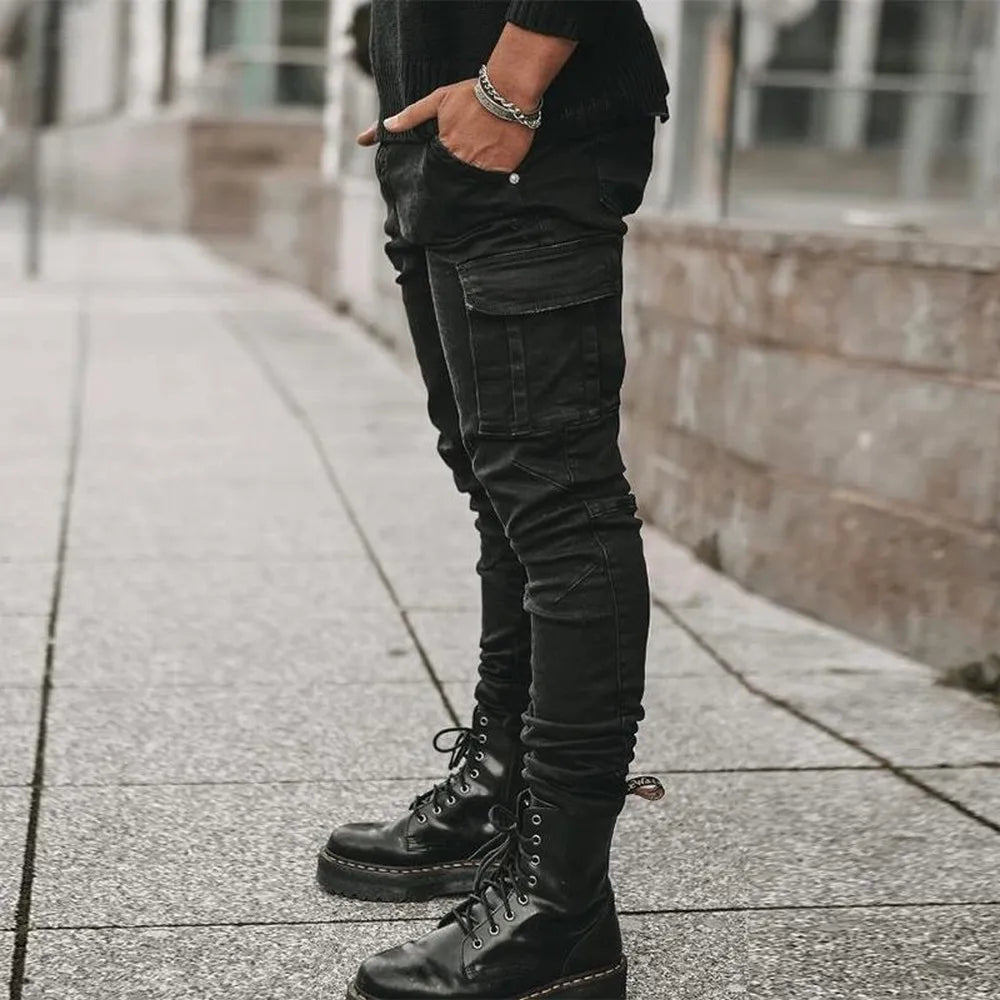 Men's street elastic denim cargo pants with multi pockets, slim fit, mid waist, casual joggers by Showlu Fashion.