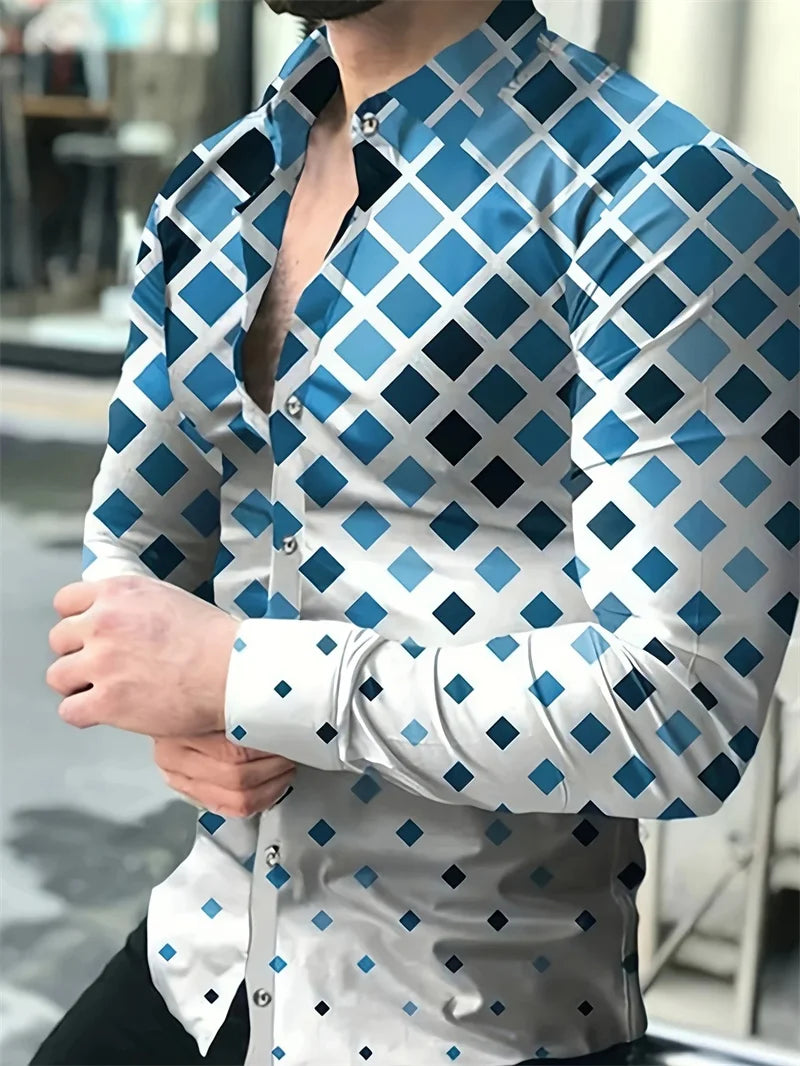 Men's casual street printed shirt from Showlu Fashion, long sleeve collar shirt in spring and autumn fashion style.