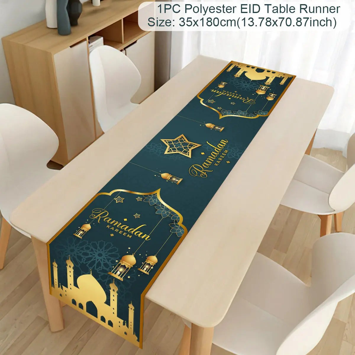 Ramadan decoration table runner with Eid Mubarak design, suitable for home Eid Al-Fitr celebrations and Islamic party decor.