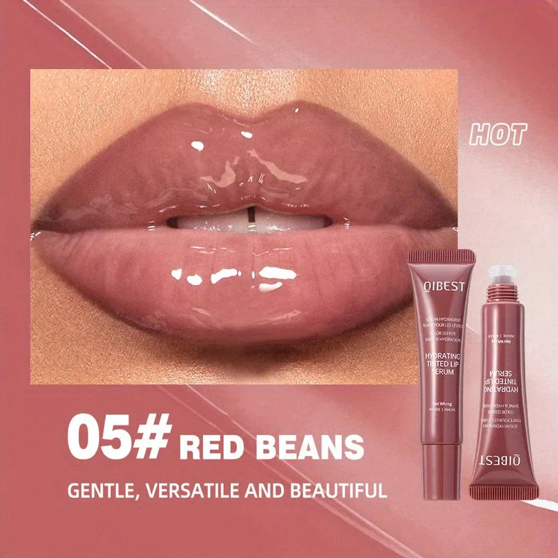 SHOWLU Brightening Lip Moisturizing Serum and Colored Lip Balm Treatment with smooth, glossy finish on lips.