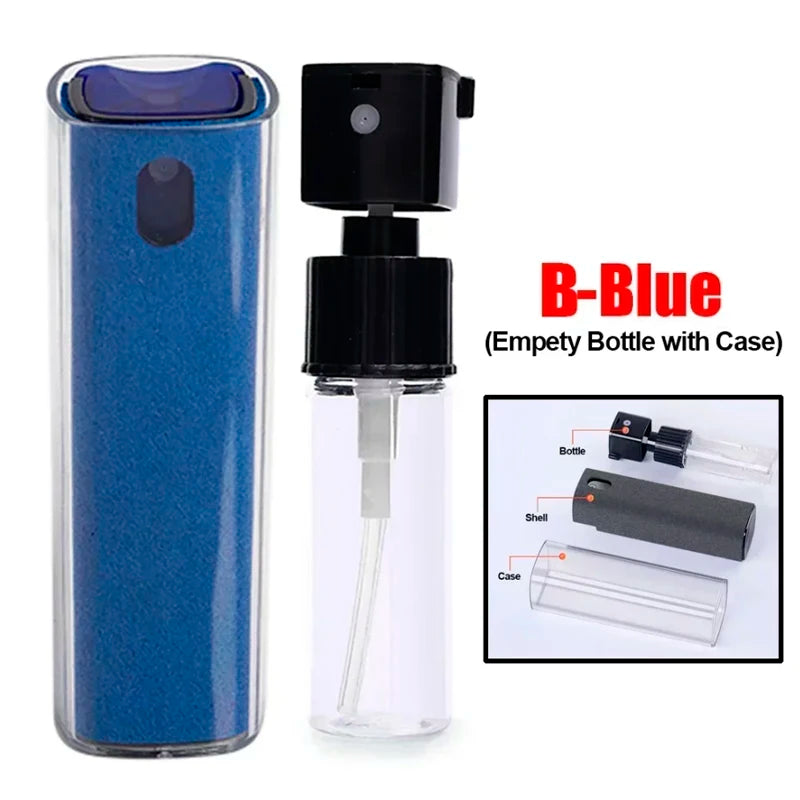 Microfiber screen cleaner spray bottle for mobile phones, tablets, and laptops with press spray, no liquid included.