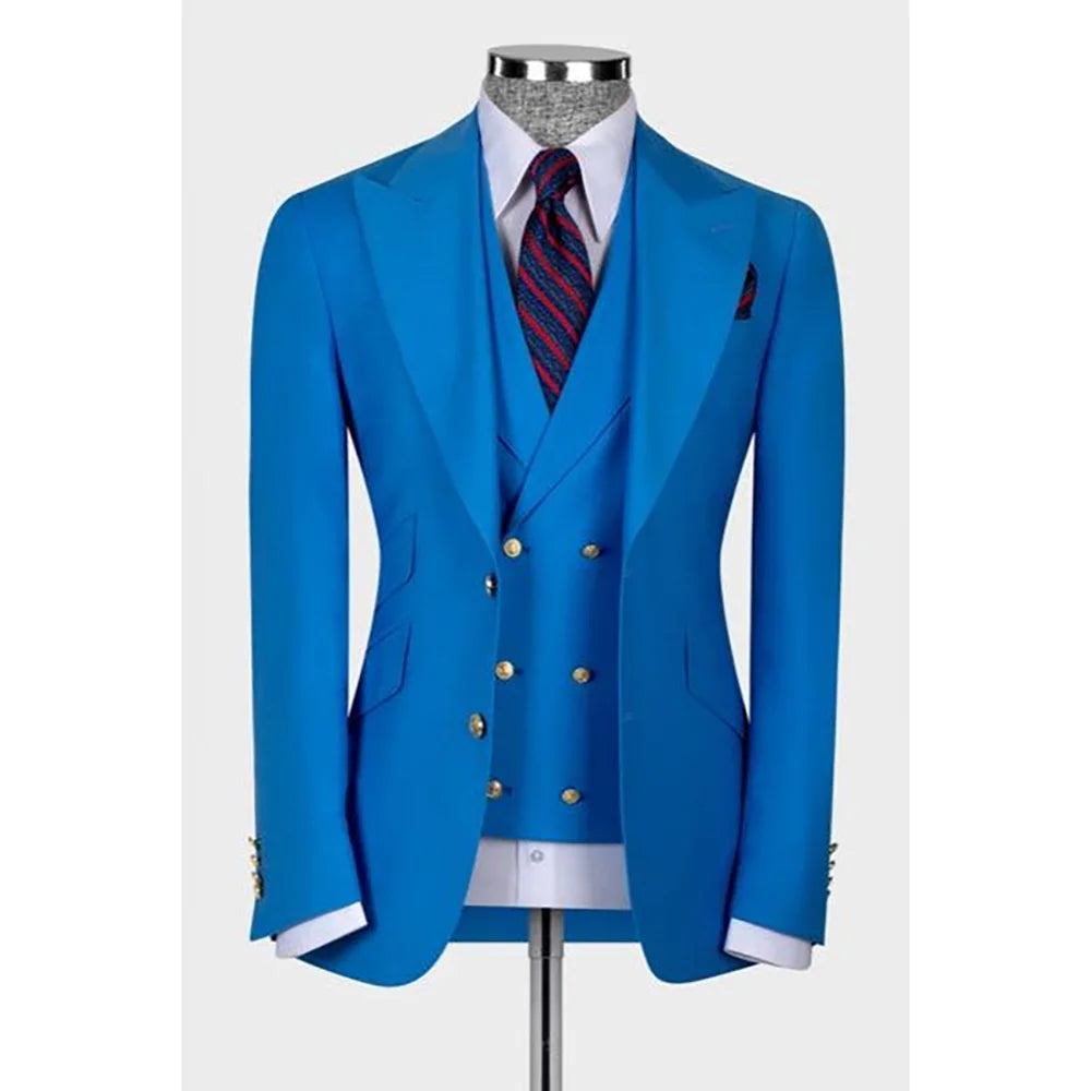 Men's slim fit formal suit by Showlu Fashion, featuring a single-breasted blazer, vest, and matching pants in solid color.