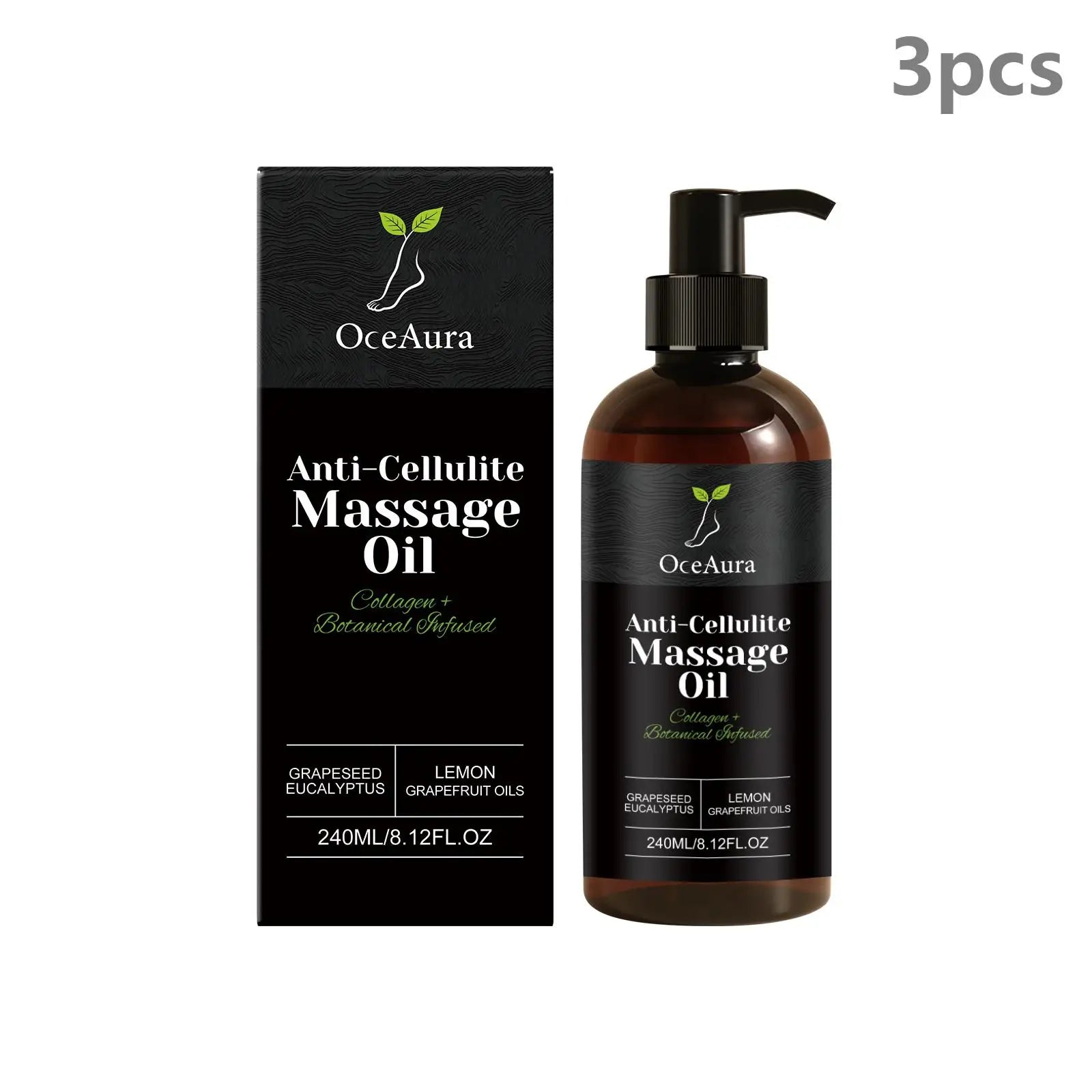 OceAura Anti Cellulite Oil by Showlu Fashion Store with lemon and grapefruit for firming and massage, featuring a clear bottle and citrus slices