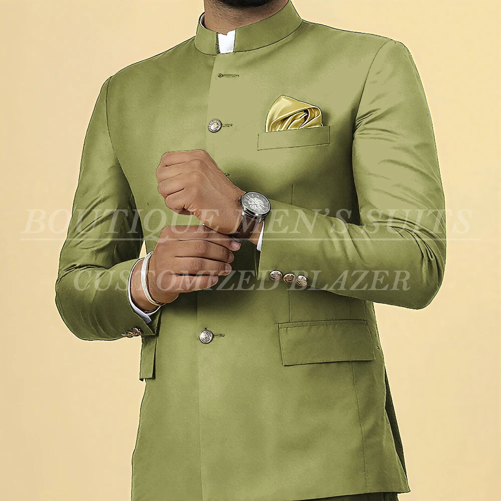Elegant men's slim fit wedding suit with blazer and pants, single-breasted, stand lapel, customized formal 2-piece outfit.