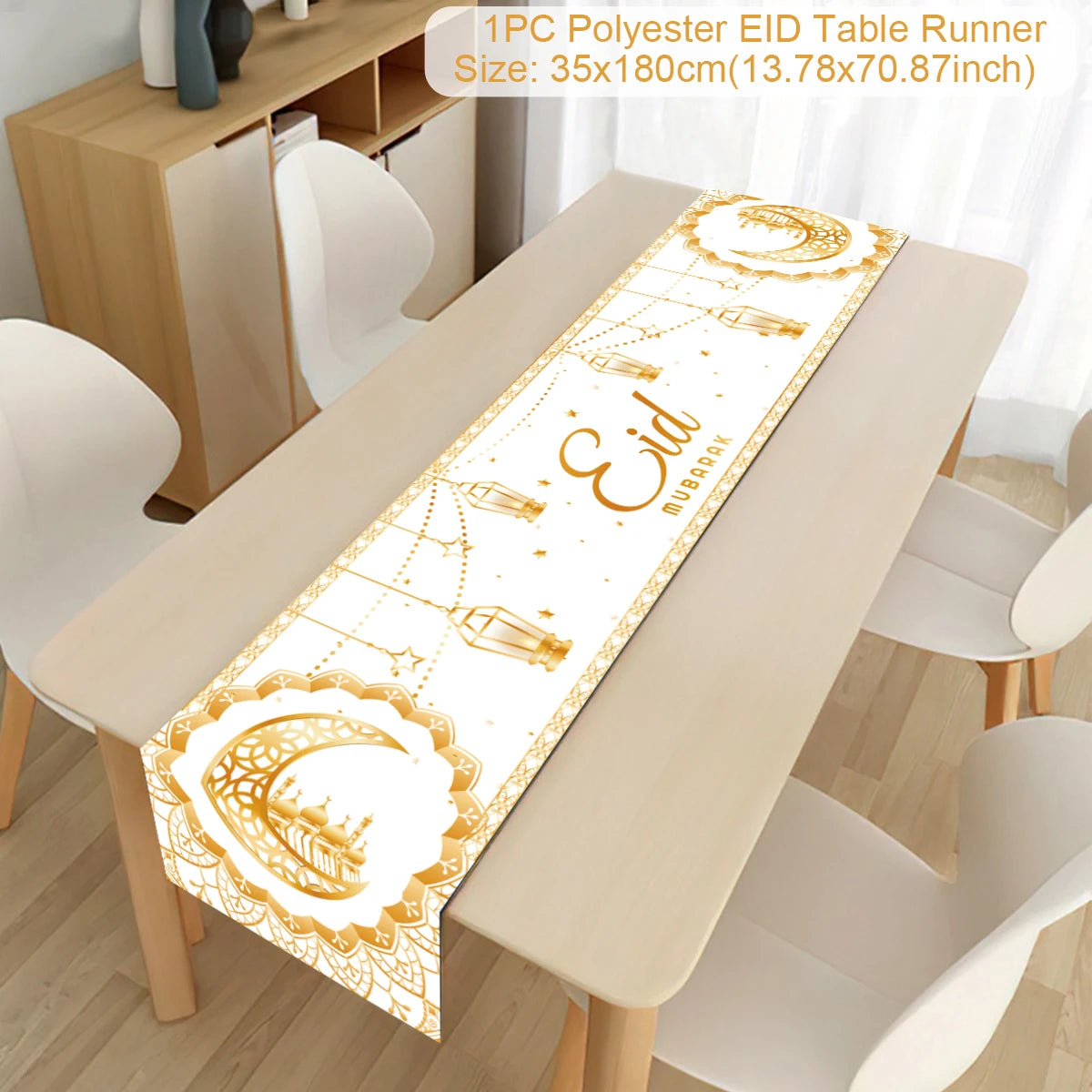 Ramadan Decoration Table Runner by Showlu Fashion Store with Eid Mubarak design for home Eid al-Fitr celebrations and Islamic decor.