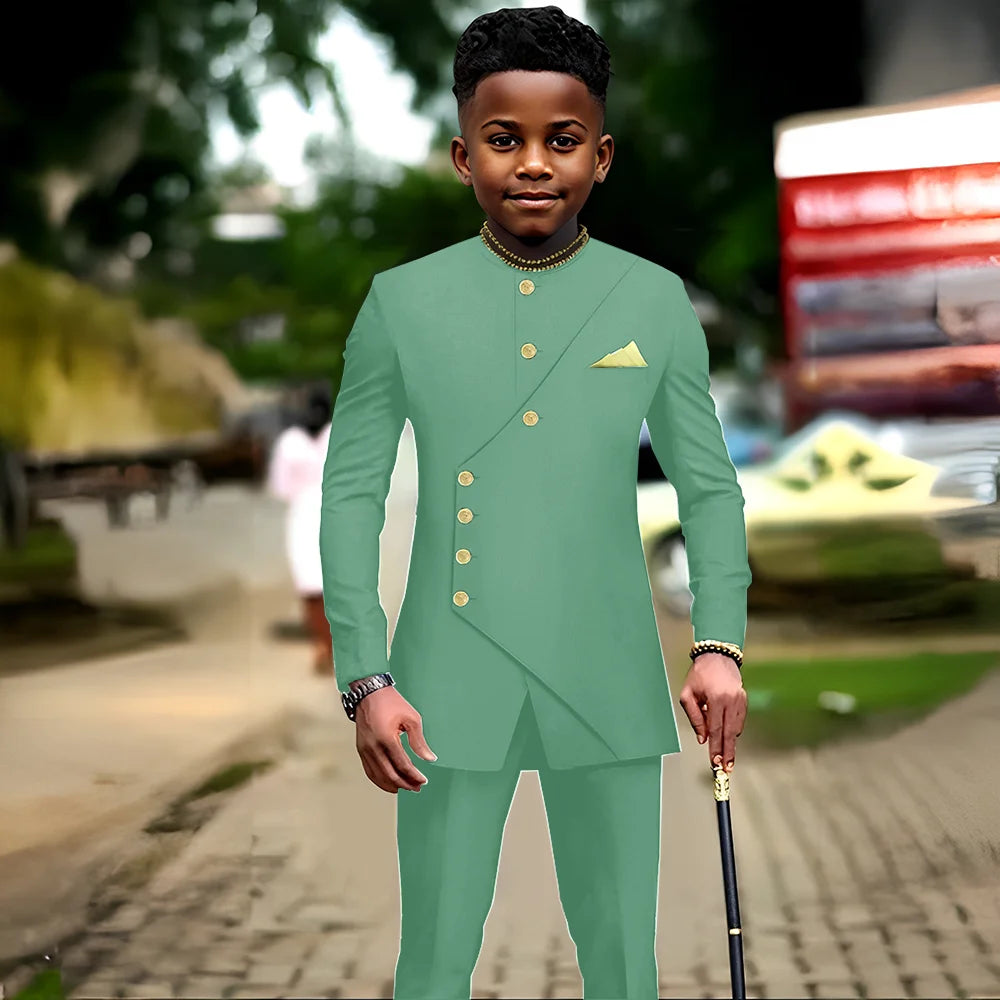 African boys' 2-piece suit with jacket and pants, suitable for parties or weddings, from Showlu Fashion for ages 2-16.