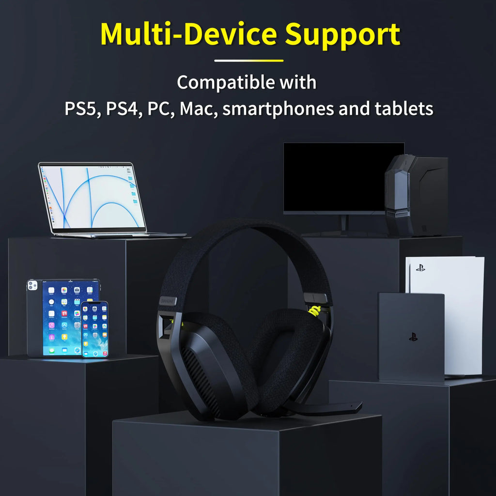 BINNUNE BW06 wireless gaming headset with mic for PS5, PS4, PC, and Mac, featuring Bluetooth and comfortable ear cups.