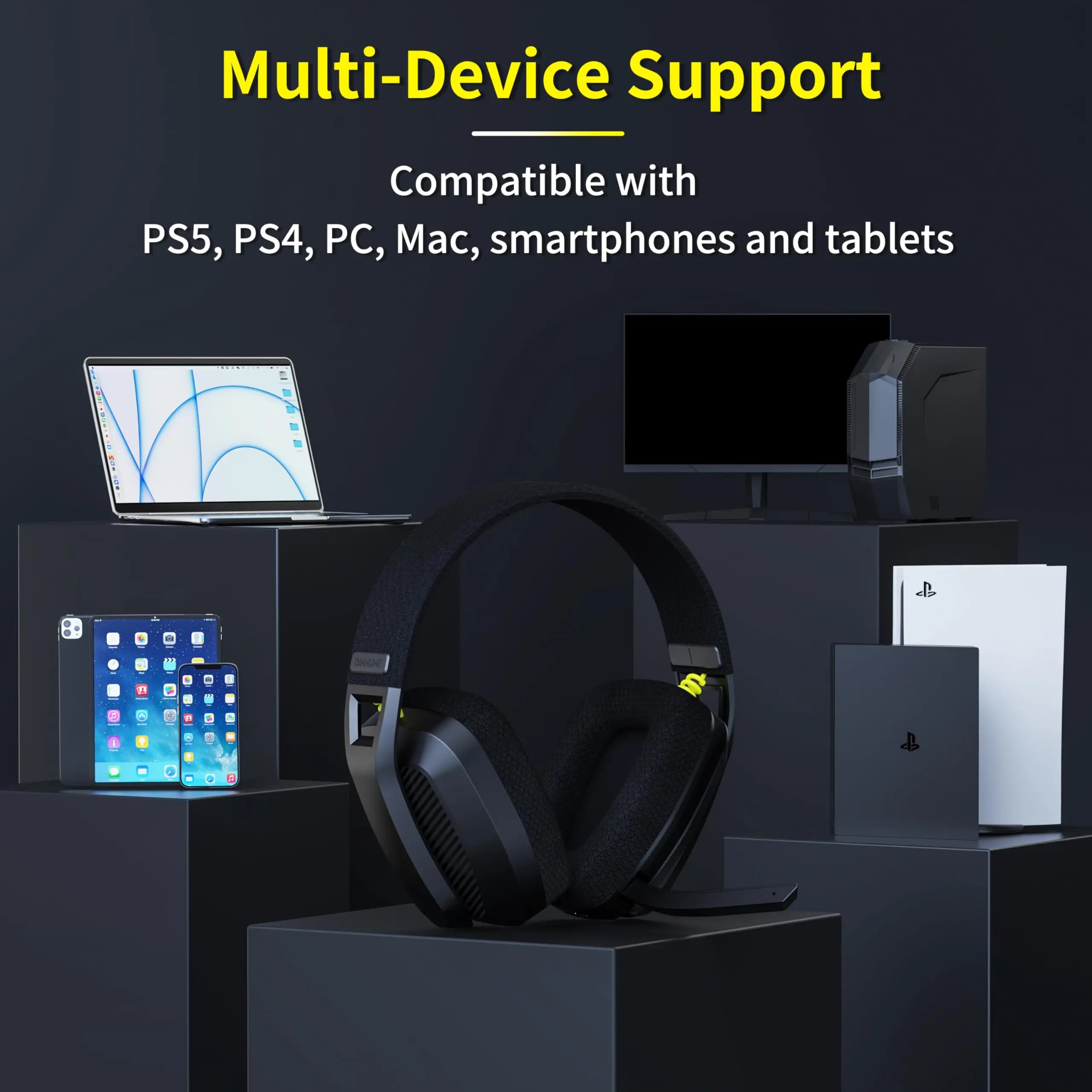 BINNUNE BW06 wireless gaming headset with mic for PS5, PS4, PC, and Mac, featuring Bluetooth and comfortable ear cups.