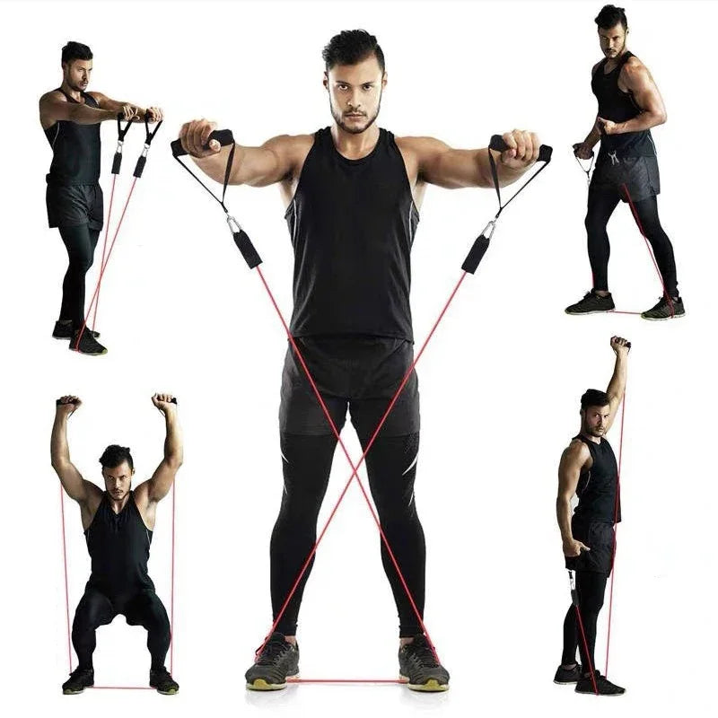 Showlu Fashion Store TPE resistance band set with handles, door anchor, ankle straps, and carry bag for versatile fitness training.