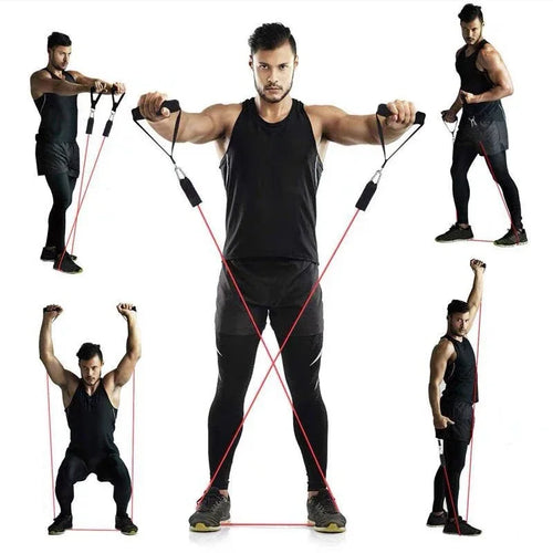 Showlu Fashion Store TPE resistance band set with handles, door anchor, ankle straps, and carry bag for versatile fitness training.