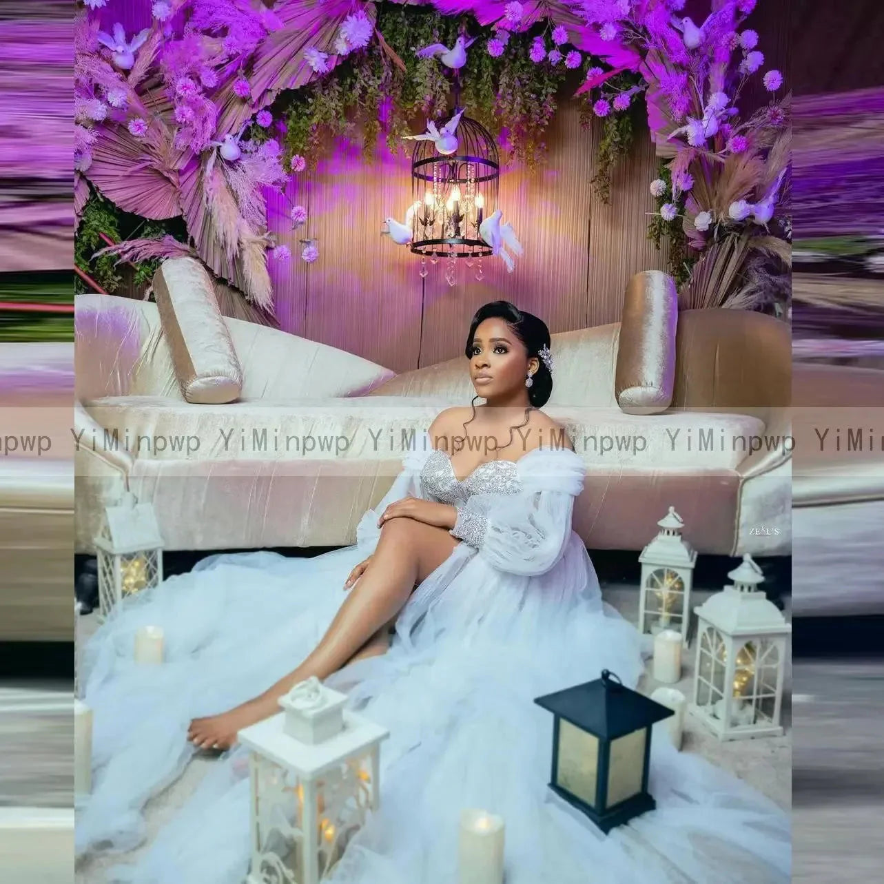 White YiMinpwp tulle A-line wedding dress with off-shoulder design and rhinestone embellishments, elegant bridal gown from SHOWLU FASHION STORE