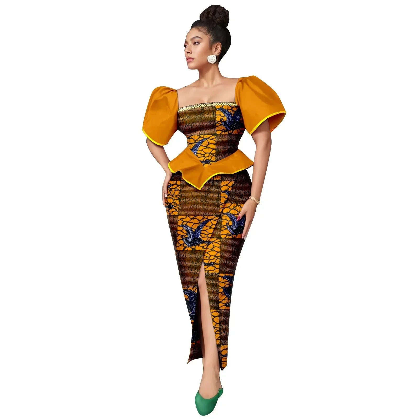 SHOWLU FASHION STORE AFRIPRIDE women's Ankara print square neck puff sleeve A-line dress on a model with vibrant fabric and stylish design
