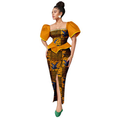 Africa Ankara Printed Women's Dress Short Sleeve Patchwork Square Neck Bubble Sleeve Split Dresses 2425186