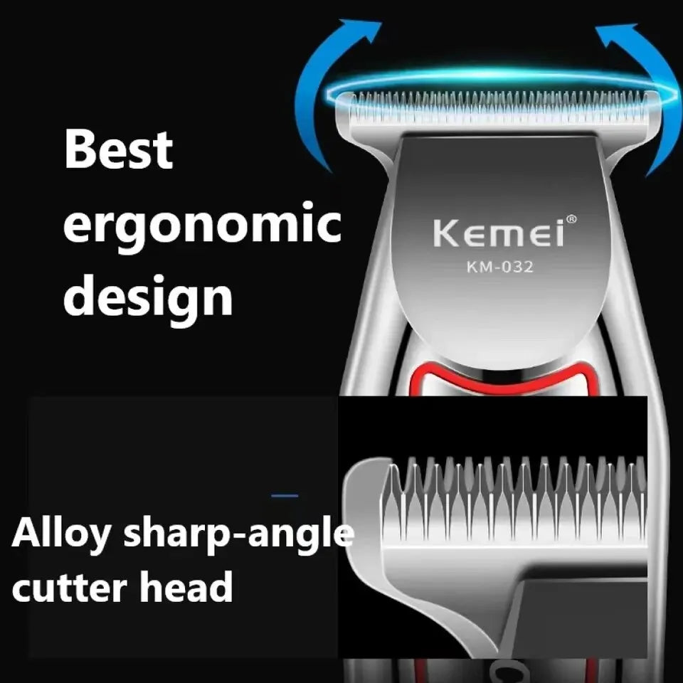 Rechargeable Kemei KM-032 hair trimmer with black and silver design, showing adjustable blades and ergonomic handle.