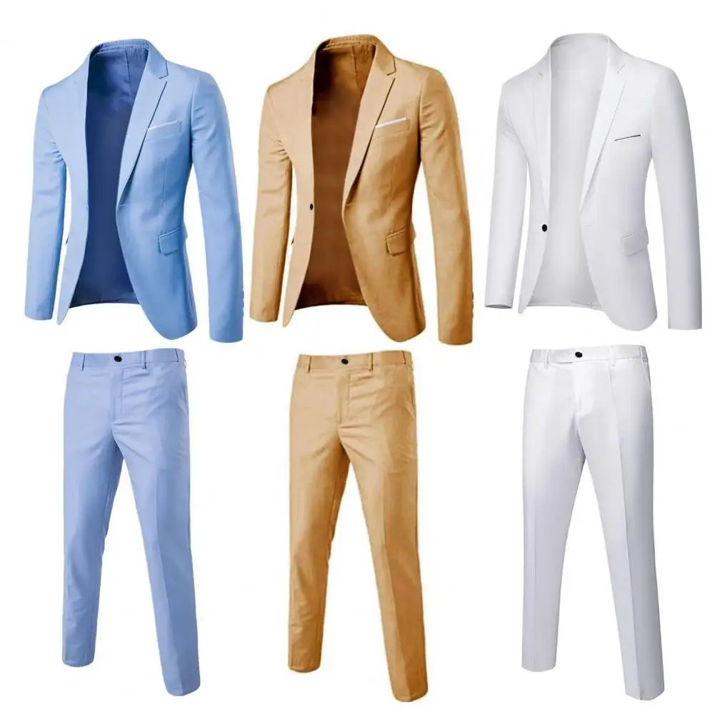 Korean style formal suit for men featuring a solid color, single-breasted jacket and matching pants, suitable for weddings and spring events.