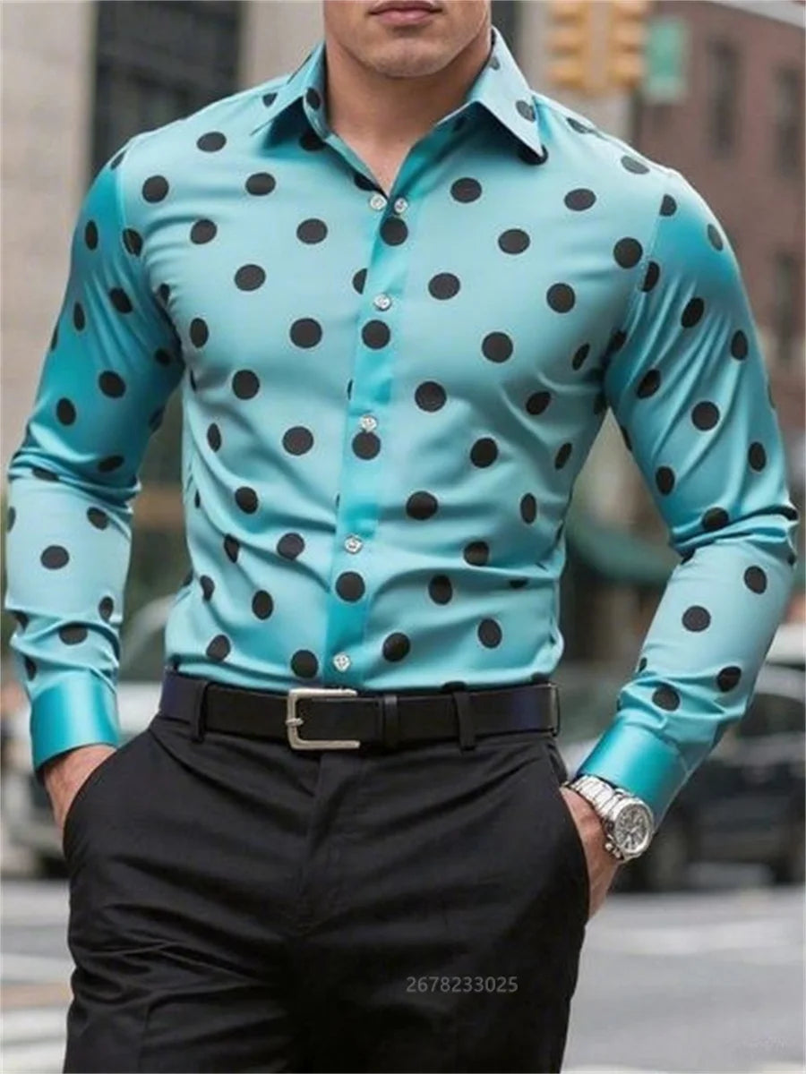Men's long sleeve casual shirt with spotted lapel, button closure, breathable fabric, versatile fashion from Showlu Fashion Store