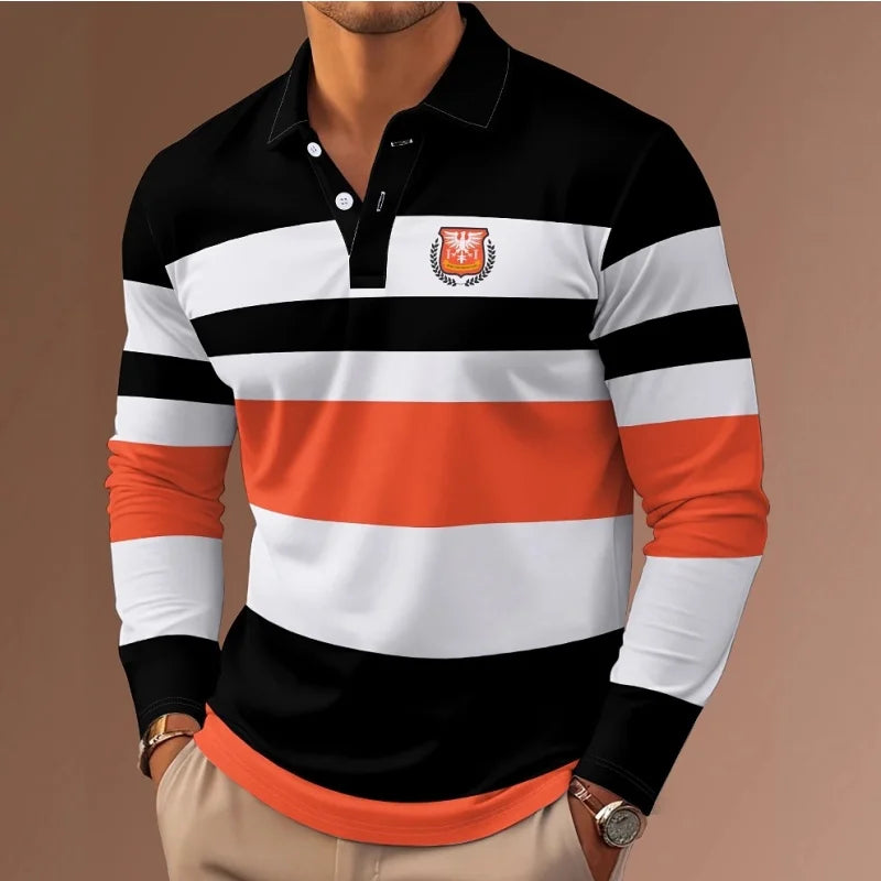 Men's long sleeve polo shirt with classic stripe print, Showlu Fashion, comfortable fit, autumn casual style, button closure.