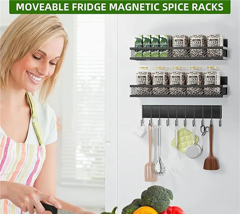Showlu Smart General magnetic fridge organizer shelf holding various kitchen items on a refrigerator door.