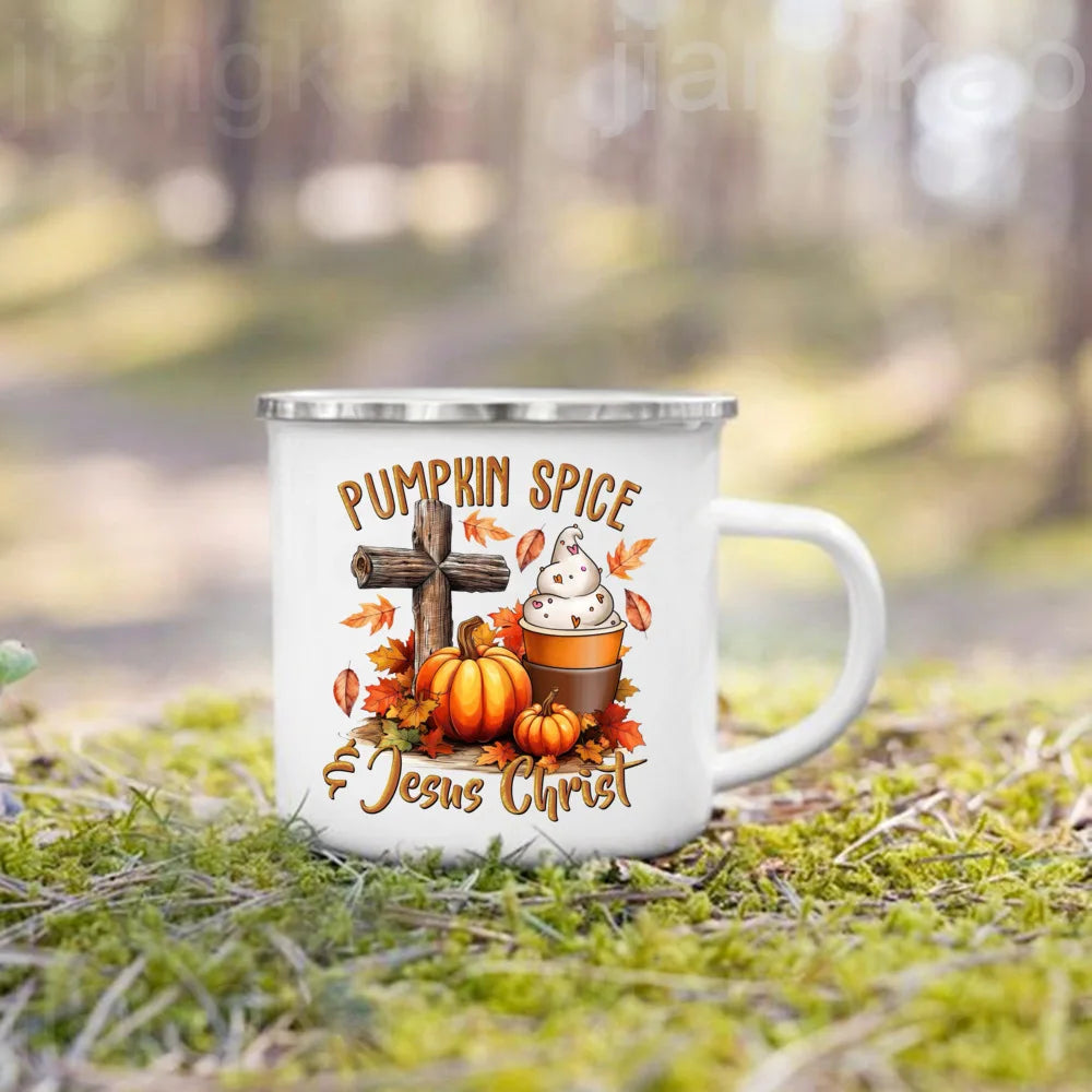 Showlu Pumpkin Spice Jesus Christ enamel mug for fall camping, featuring festive pumpkin spice design and durable coffee cup style.