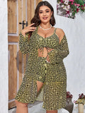 Plus size three-piece bikini set with long sleeve cover-up from SHOWLU FASHION, featuring a stylish swimsuit with matching cover-up.