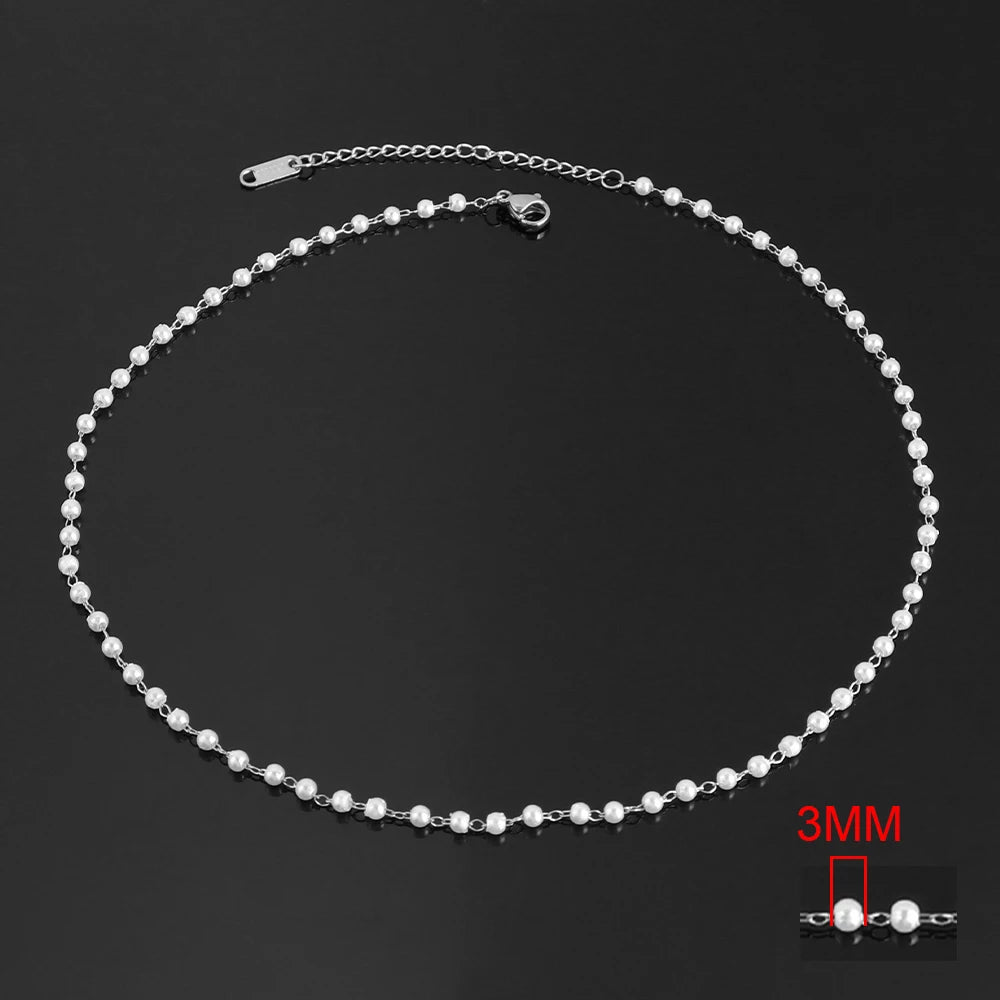Stainless steel white imitation pearl necklace with a delicate clavicle chain, elegant pearl choker for women jewelry.