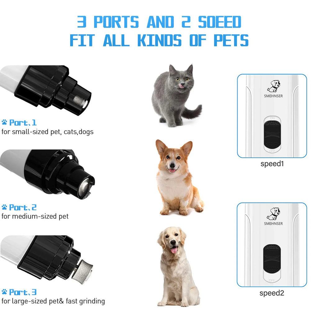 Rechargeable electric dog and cat nail grinder with USB charging, featuring a compact grooming trimmer for pet paw nail trimming.