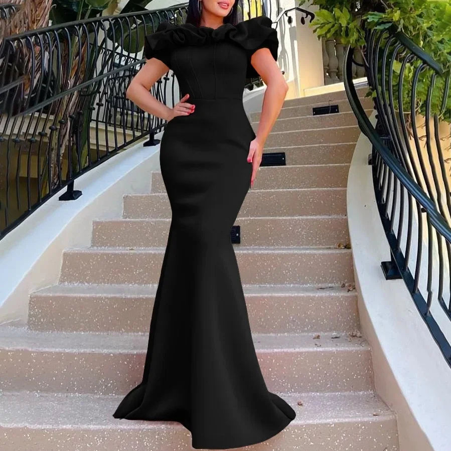 Elegant off-the-shoulder long mermaid dress for women, featuring short sleeves and floor length, ideal for parties or formal events.
