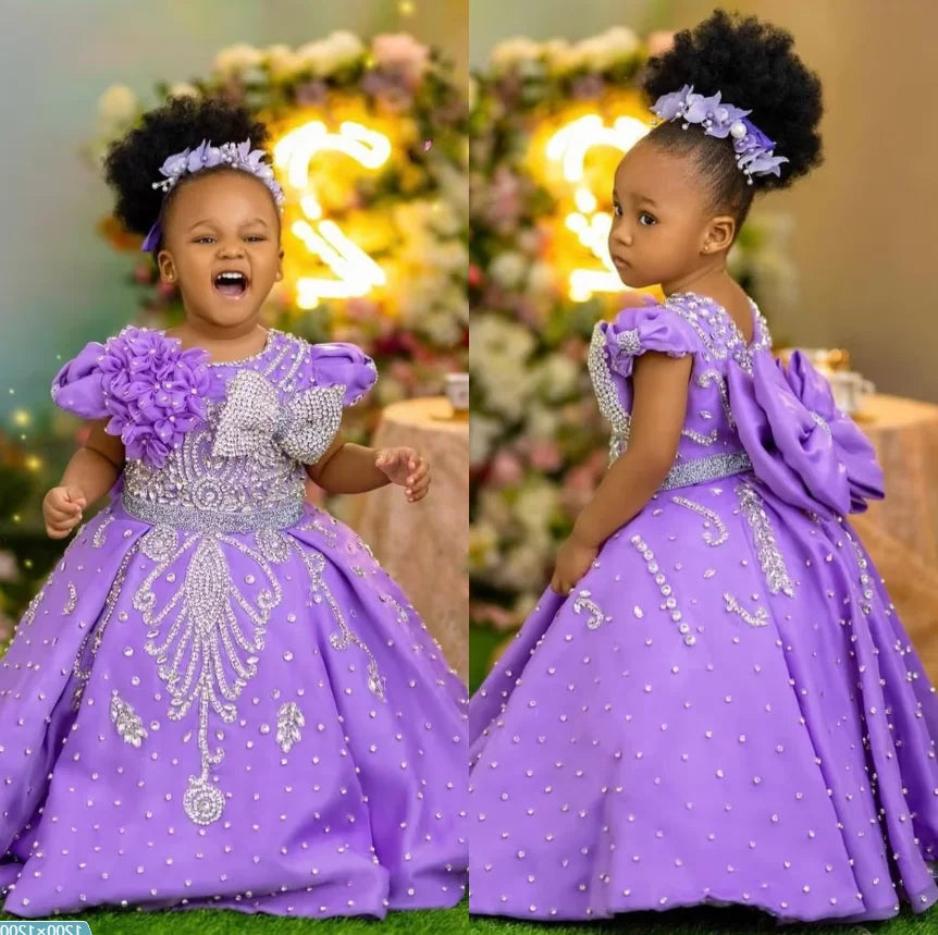 Luxury lavender beading flower girl dress by Showlu Fashion Store, featuring floral embroidery, perfect for weddings and special occasions.