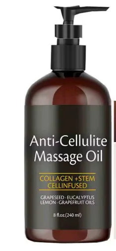 Showlu Anti-Cellulite Massage Oil with collagen and stem cells, skin tightening treatment in a clear bottle with pump dispenser.