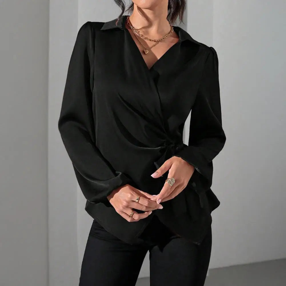 Showlu Women's elegant long sleeve waist blouse with side lace-up design, stylish and sophisticated for fashionable outfits.