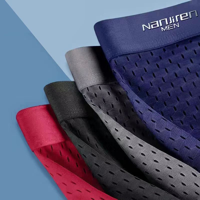 Showlu men's ice silk boxer shorts with breathable mesh polyester fabric, designed for comfort and lightweight wear.