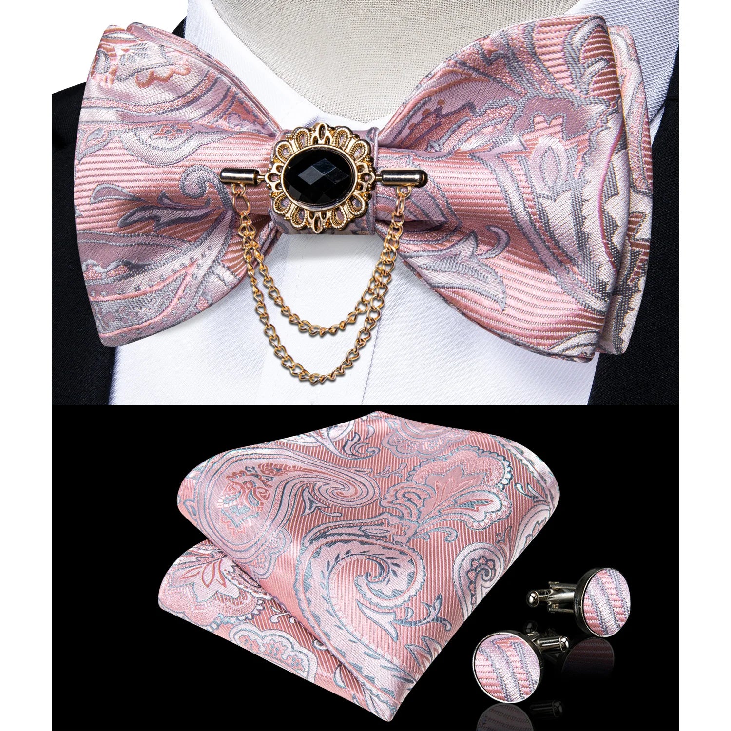Pink solid bow tie set for men including pocket square and cufflinks, perfect for wedding attire, by Showlu Fashion Store.