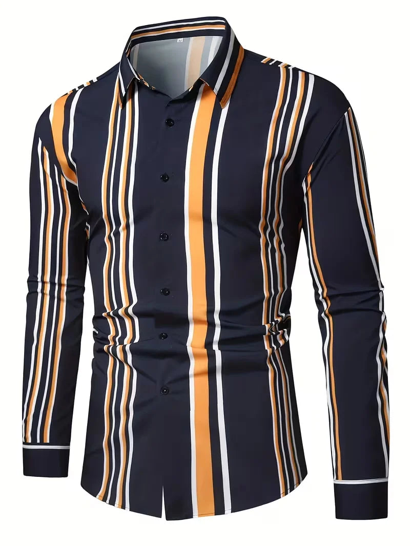 Showlu men's casual long sleeve shirt with 3D striped flower print silk fabric, stylish and comfortable for everyday wear.