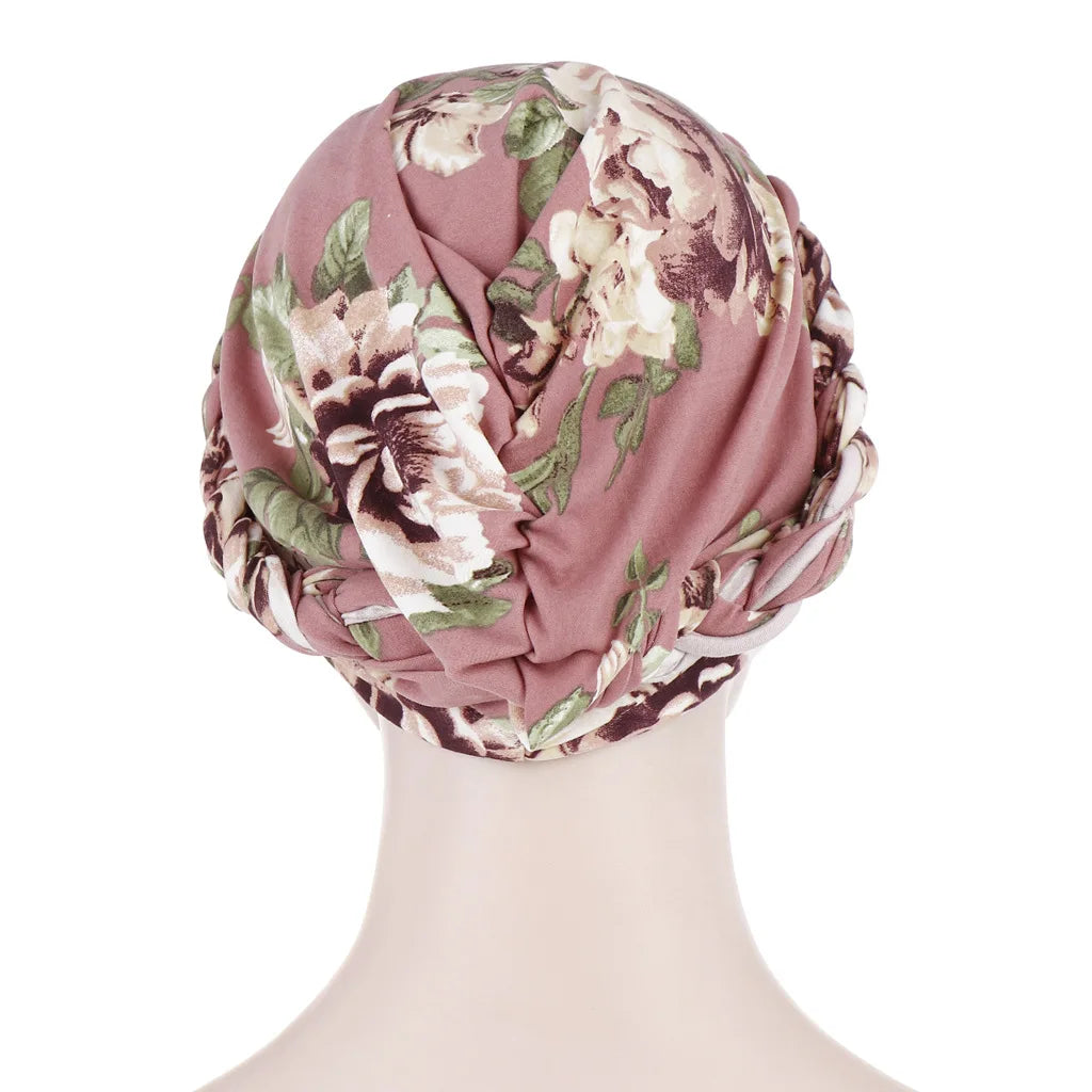 European and American print leopard silk scarf hat with floral accents, short braid, and hijab style for women by Showlu Fashion.