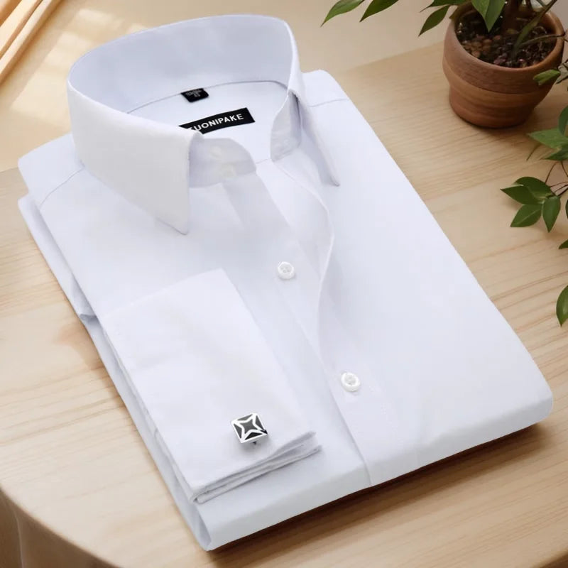 Men's slim fit long sleeve French cuff shirt with nail-free business formal design in solid color, by Showlu Fashion Store