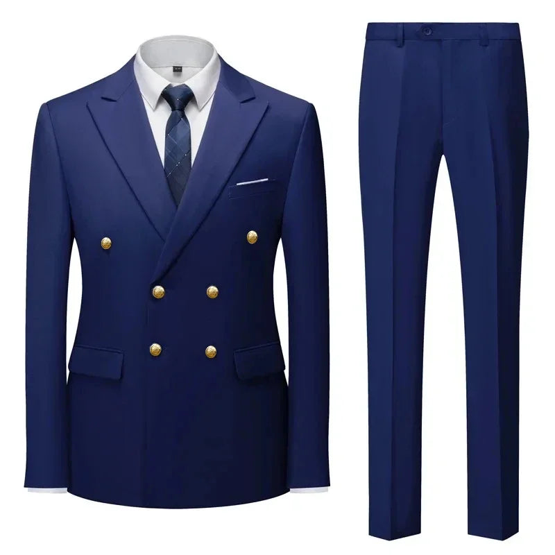 Showlu Fashion men's double-breasted business suit set in polyester, slim fit, tailored for a sharp professional look.