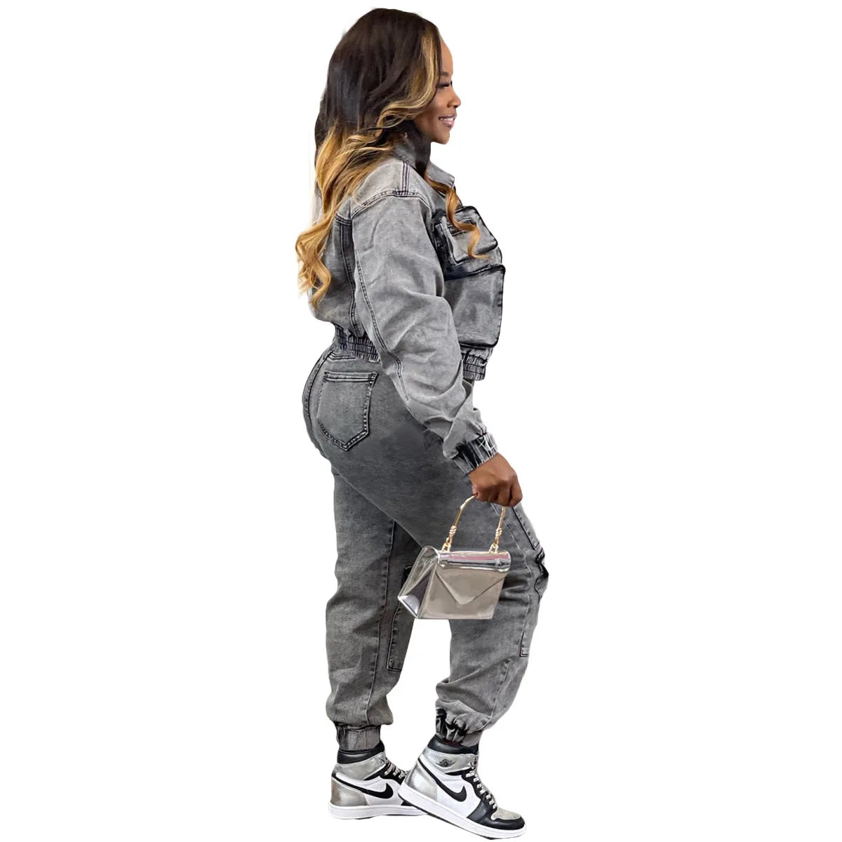 Women’s long sleeve denim pant set with zipper jacket, cargo ankle pants, pockets, and high street spliced design by Showlu Fashion Store.