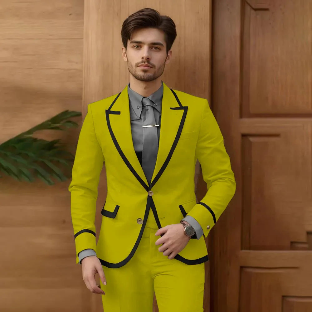 Beige male fashion suit 2-piece set with single-breasted blazer and slim-fit pants, ideal for groomsmen, prom, or wedding attire.