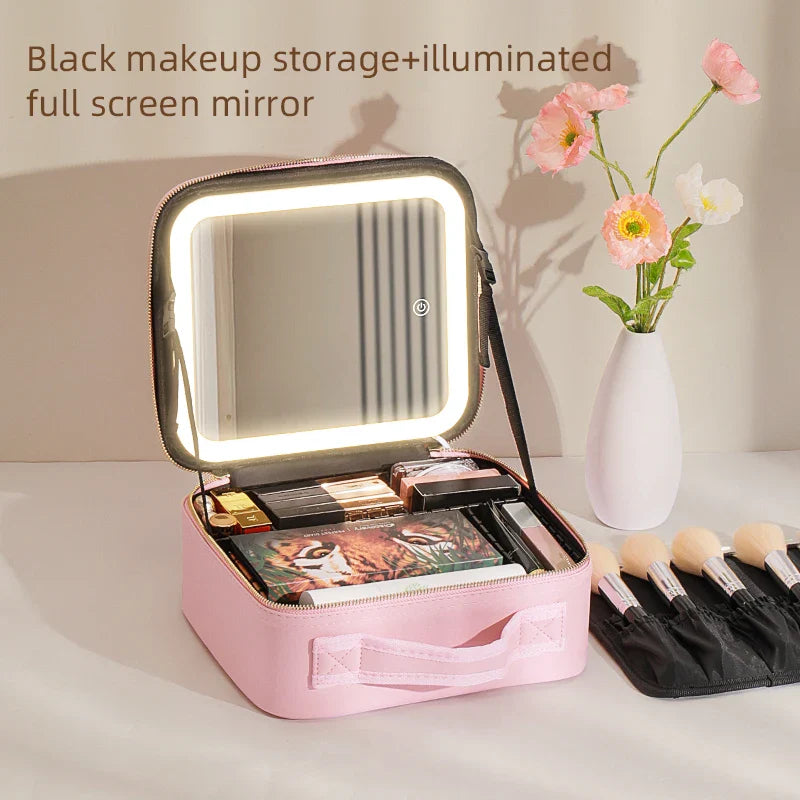 Showlu Makeup Travel Train Case with LED Mirror and PU Leather exterior, compact cosmetic bag for on-the-go beauty essentials.