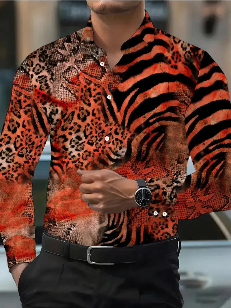 Men's long sleeve shirt with irregular geometric print, button-up design, from Showlu Fashion Store, ideal for street fashion style.