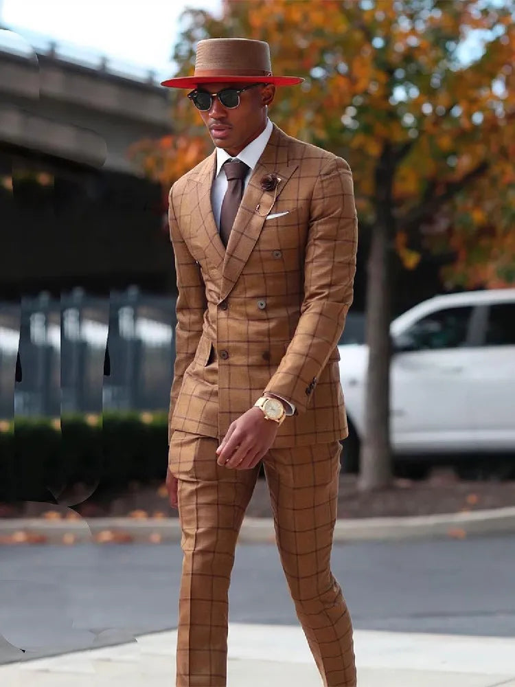 Showlu men's plaid slim fit 2-piece suit with double-breasted blazer and matching pants, tailored and stylish for formal occasions.
