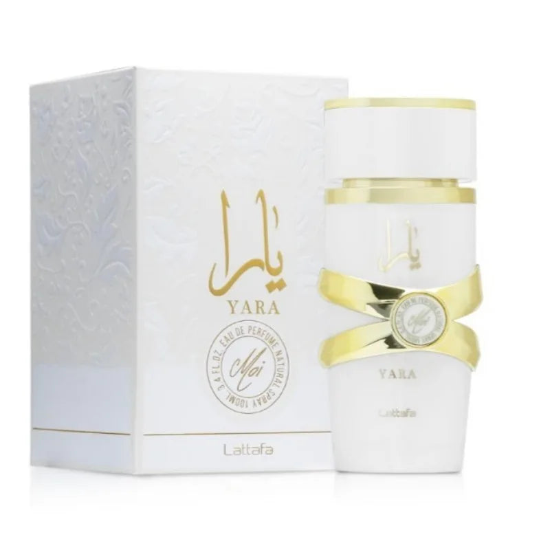 Lattafa Yara Moi Eau De Parfum bottle with floral fruity scent for women, 100ml, elegant glass bottle with pink accents.