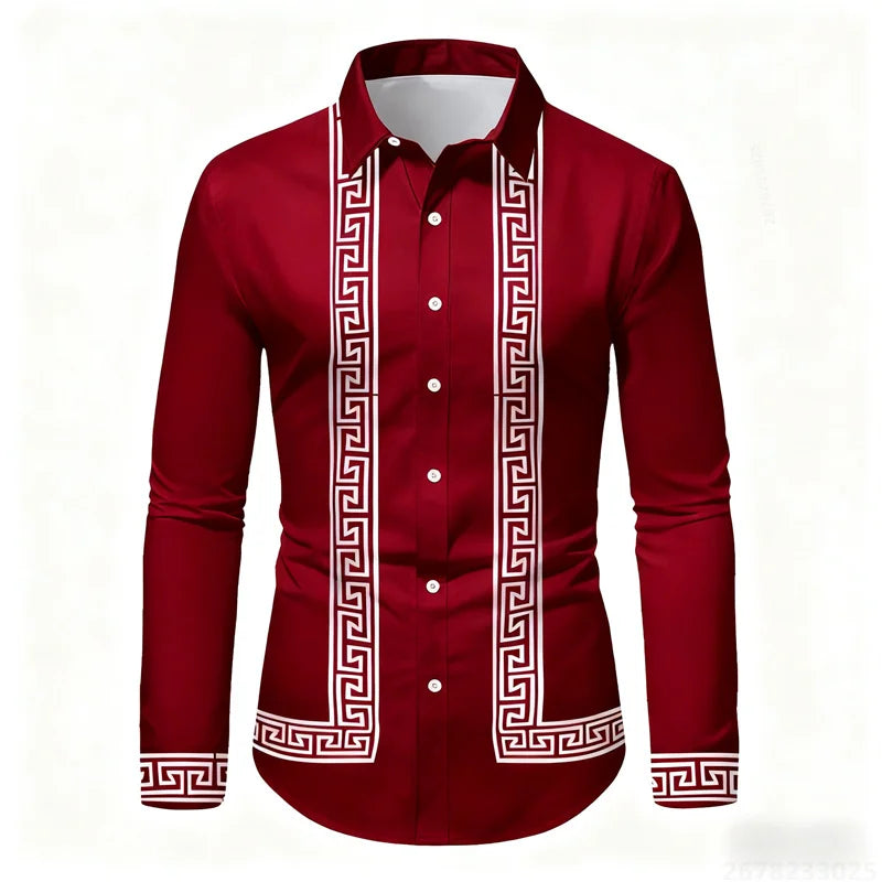 Men's retro geometric print long-sleeve shirt in black and white with slim fit, stylish casual top by Showlu Fashion Store.