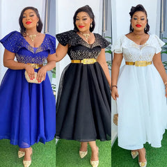 African Dress Long Dresses V Neck Women Africa Summer Splice Slim Fit Solid Regular A Line Party Sexy Vestidos Tight Waist Belt