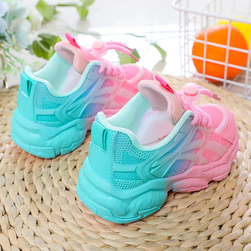 SHOWLU Girls gradient mesh sneakers with breathable design and lighted platform soles, stylish and comfortable footwear for kids.